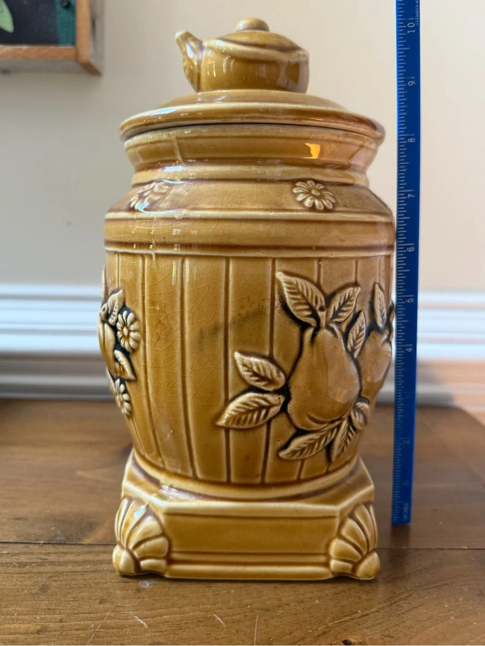 Vintage 1970s Marigold Ceramic pot-belly stove Canister with Fruit and Tea Motif